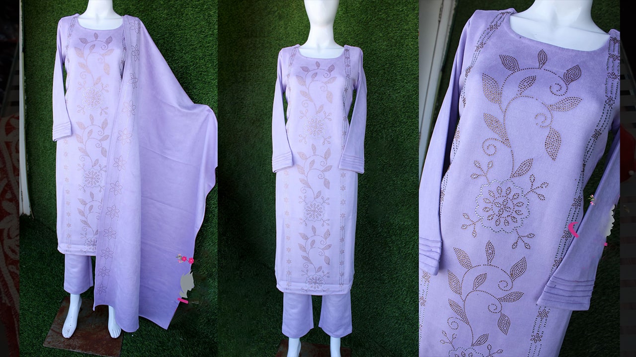 Divine Fab Latest Suits | Beautiful Lilac Suede Fabric Stitched Shirt With All Over Seroski Work