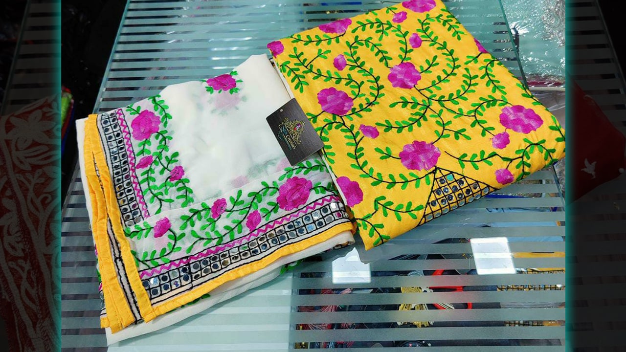 7 Seas Latest Suits | Chinnon Silk Mirror Work On Neck & Multi-Colored Phulkari Embroidery Work