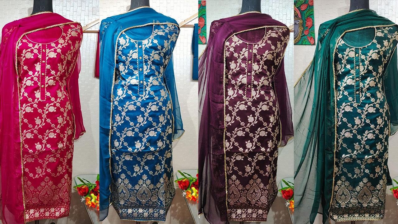 DIVINE FAB LADIES SUITS | PURE BANARSI SHIRT | PURE SANTOON BOTTOM | PURE CHIFFON DHUPPTTA