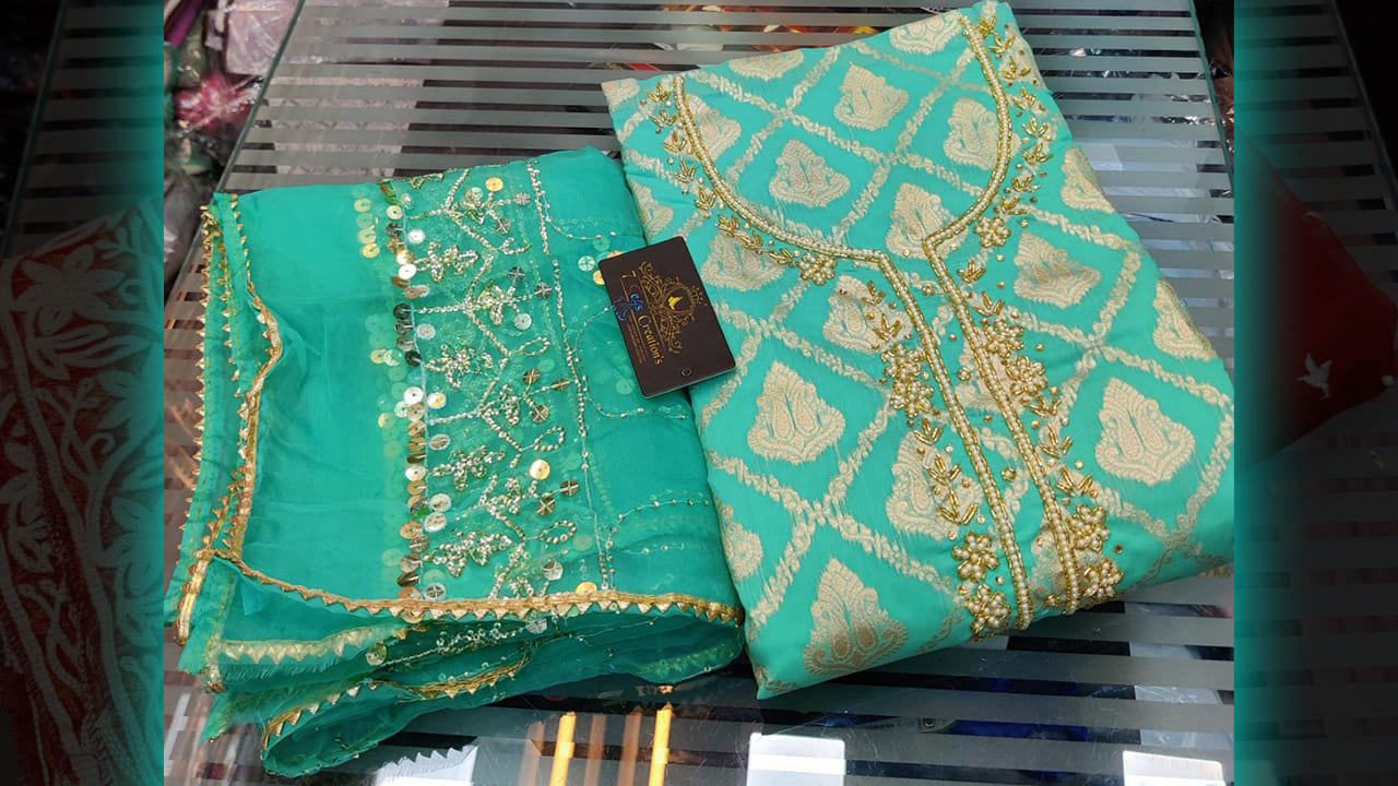 7Seas Creation's Suits | Banarasi Silk With Beautiful Weaving All Over | Heavy Handwork On Neck