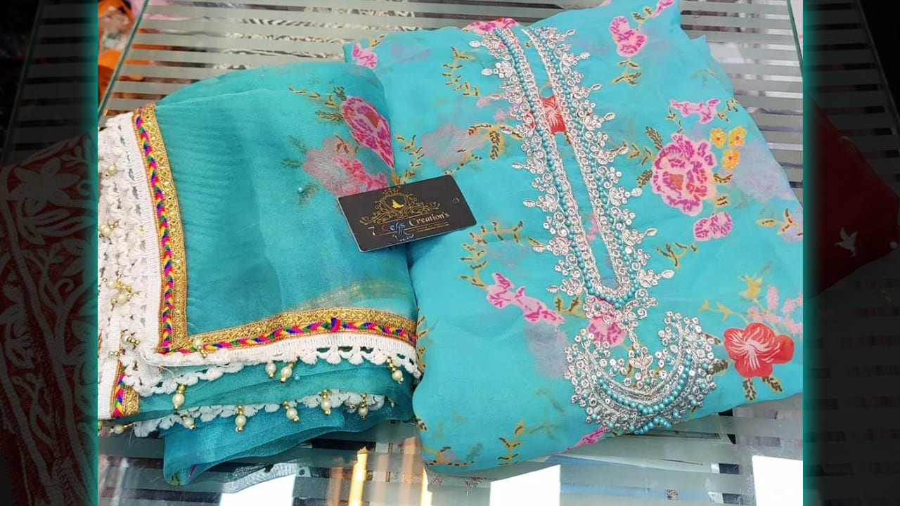 7 Seas Latest Suits | Georgette Digital Printing All Over Sequins, Embroidery Work On Neck & Daman