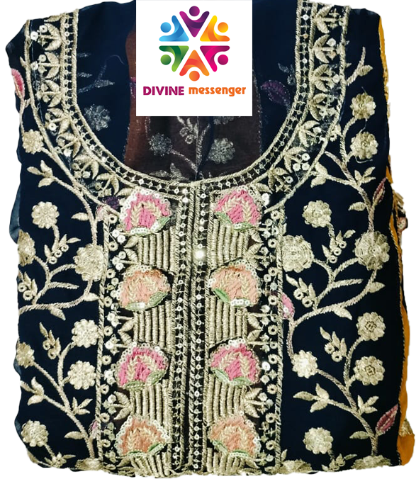 DIVINE MESSENGER Blue Georgette with beautiful embroidery work Multi-colored stitching