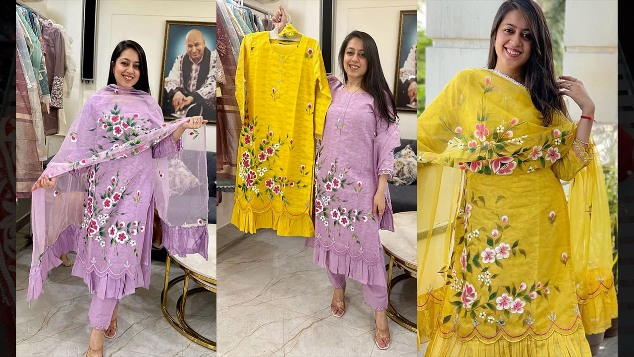 Divine Fab Suits | Cotton Jacquard Stitched Suit Set With Hand Painted & Hand Work Detailing