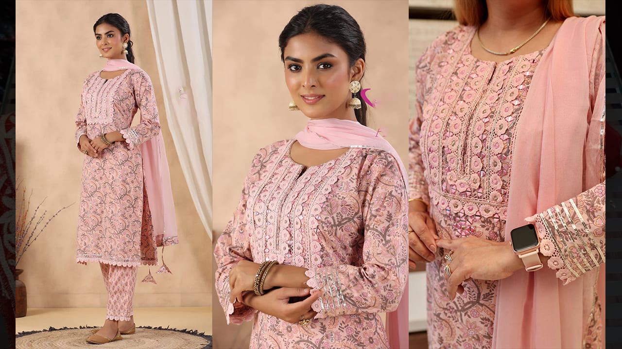 Divine Fab Top Suits | Anita Dongre Printed Stitched Suit Set With Crochet Lace, Mirror Embroidered