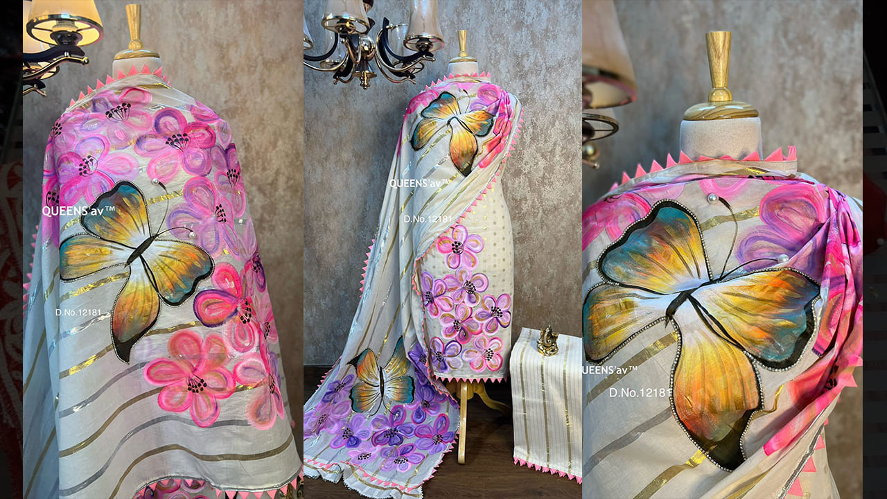 QUEENS'av Suits | Pure Cotton Sobar Glittery Shirt | Full Size | Beautifull Hand Painted | Hand Work