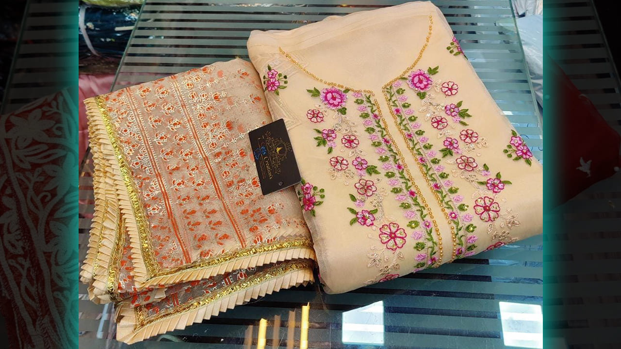 7 Seas Creation's Suits | Organza Multi-Colored Embroidery, Sequins, Mottis & Diamond Work All Over