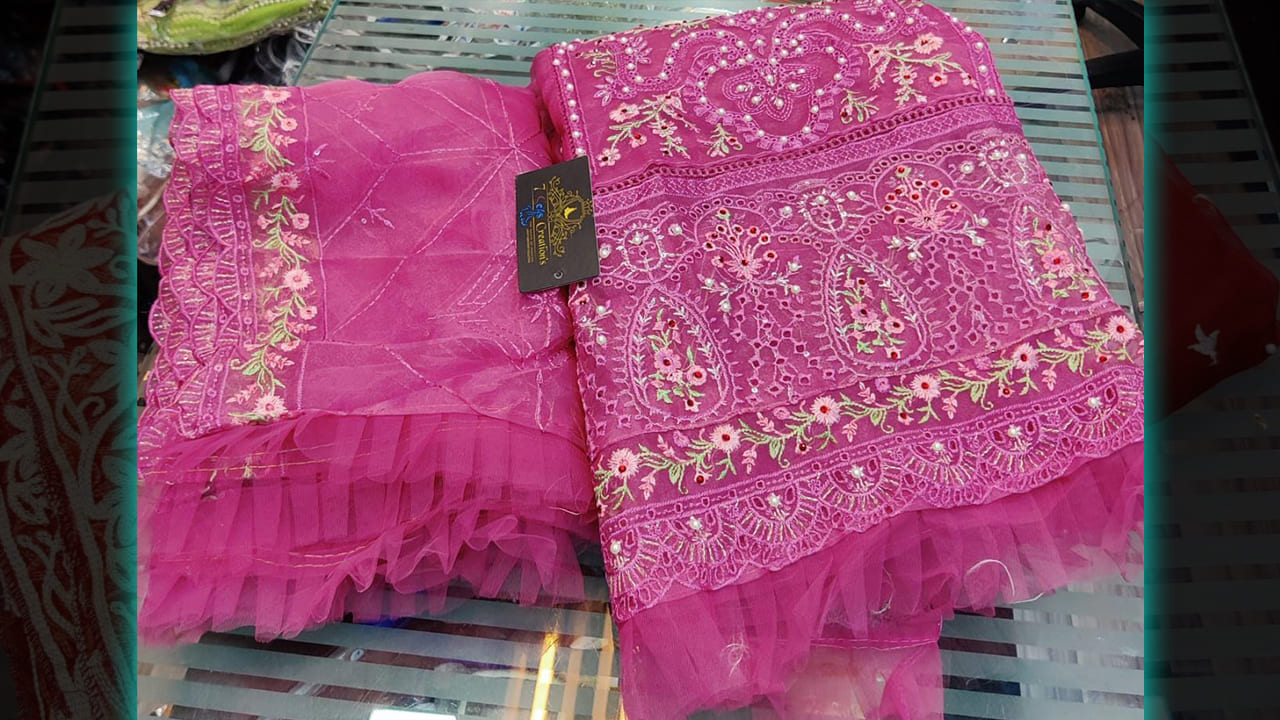 7 Seas Latest Suits | Organza With Beautiful Multi-Colored Embroidery & Mottis Work All Over