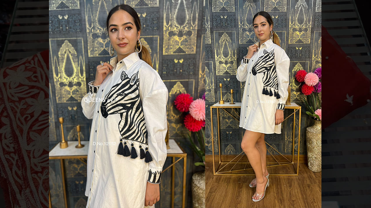 QUEENS'av Latest Suits | Beautiful Pure Cotton Shirt Tunic Dress  | Non - Transparent | Zebra Work