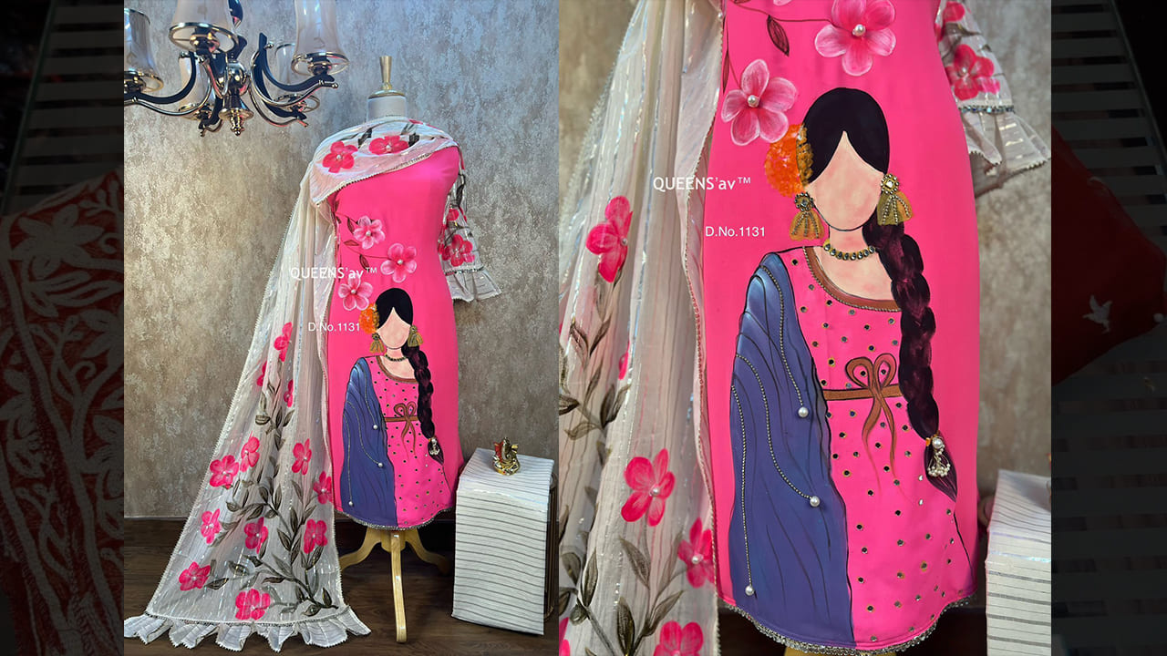 QUEENS'av Latest Suits | Pure Georgette Shirt | Full Size | Beautifully Hand Painted | Hand Work