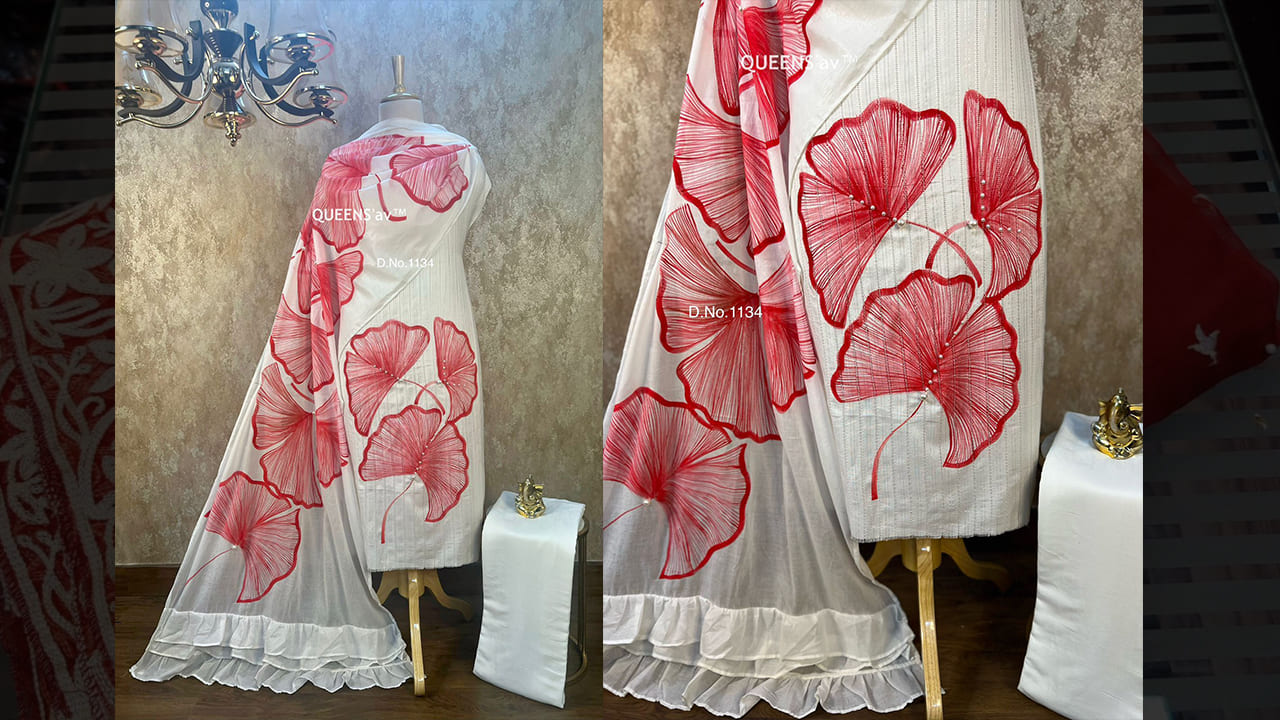 QUEENS'av Suits | Pure Mul Linen Cotton Shirt | Beautifully Hand Painted | Rich Pearl Hand Work