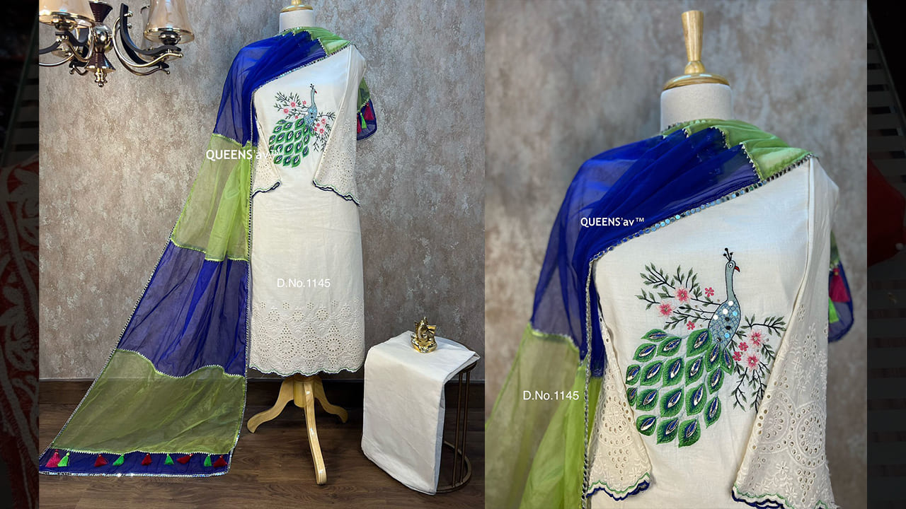 QUEENS'av Suits | Pure Mul Cotton Bottom | Pure Organza Designer Duppatta | Rich Fringes Hangings