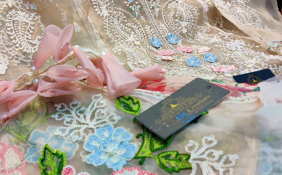 Organza with absolutely gorgeous embroidery, Rainbow sequins, & 3D flowers work all over