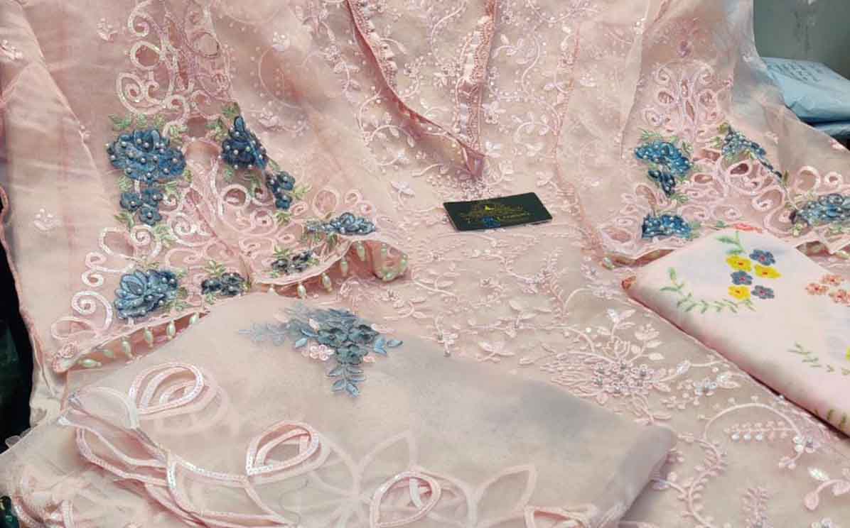 Organza with absolutely gorgeous embroidery, rainbow sequins, Mottis & cutwork Fancy latkans