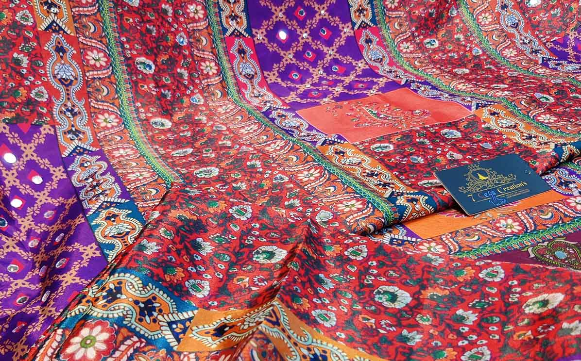 Pure chinnon silk with absolutely gorgeous digital printing, original mirror & diamond