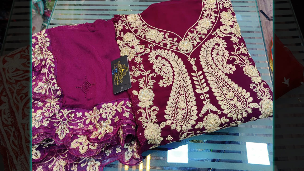 7 Seas | Georgette Embroidery & Heavy Sequins Work With 3D Flower Work All Over