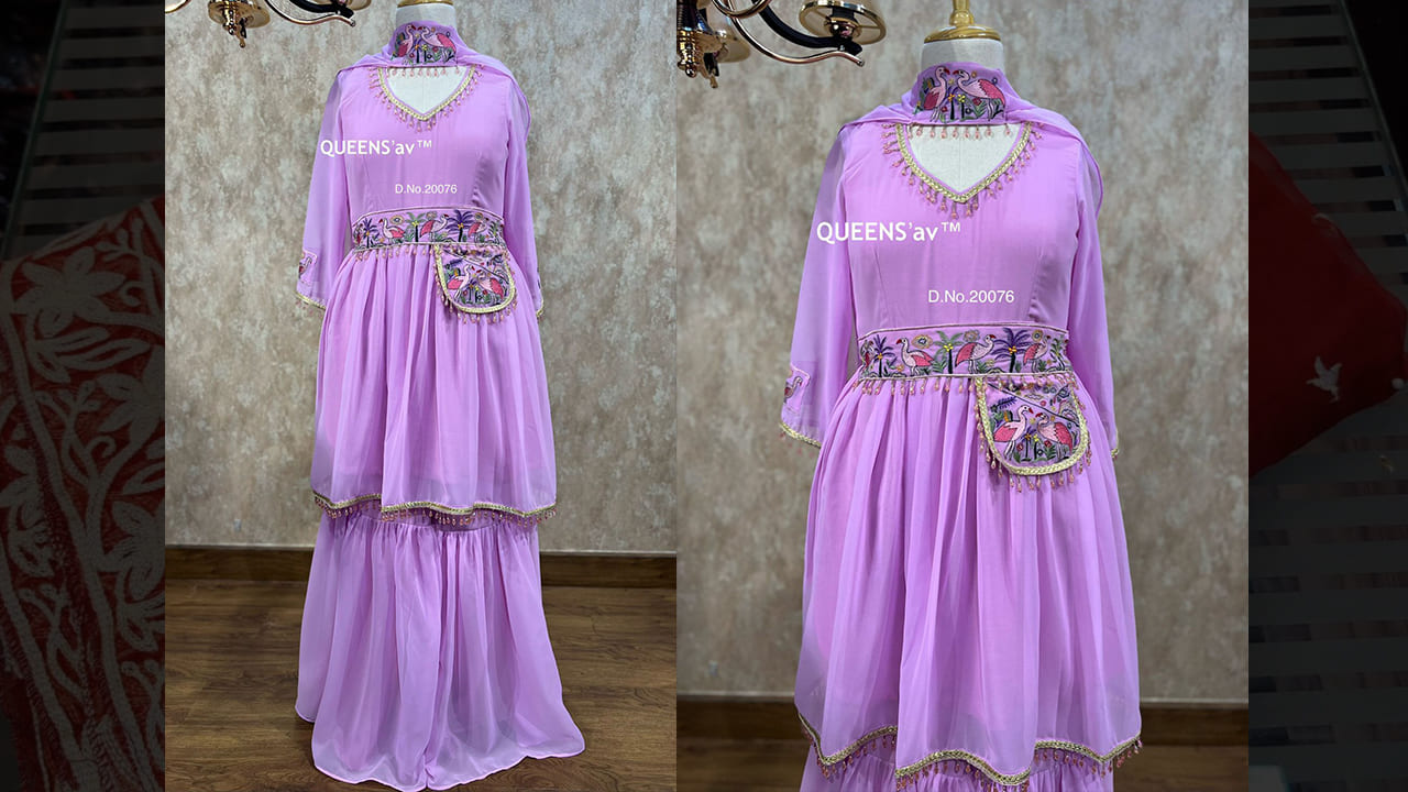 QUEENS'av Latest Suits | Pure Georgette Pleeted Peplum Top | Lining Attached | Crystal Hangings