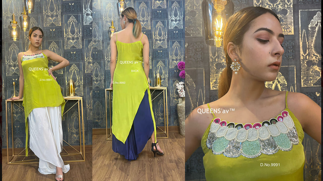 QUEENS'av Suits | Pure Crape Designer Asymmetrical Shirt | Premium Hand Work | Rich Mirror Work