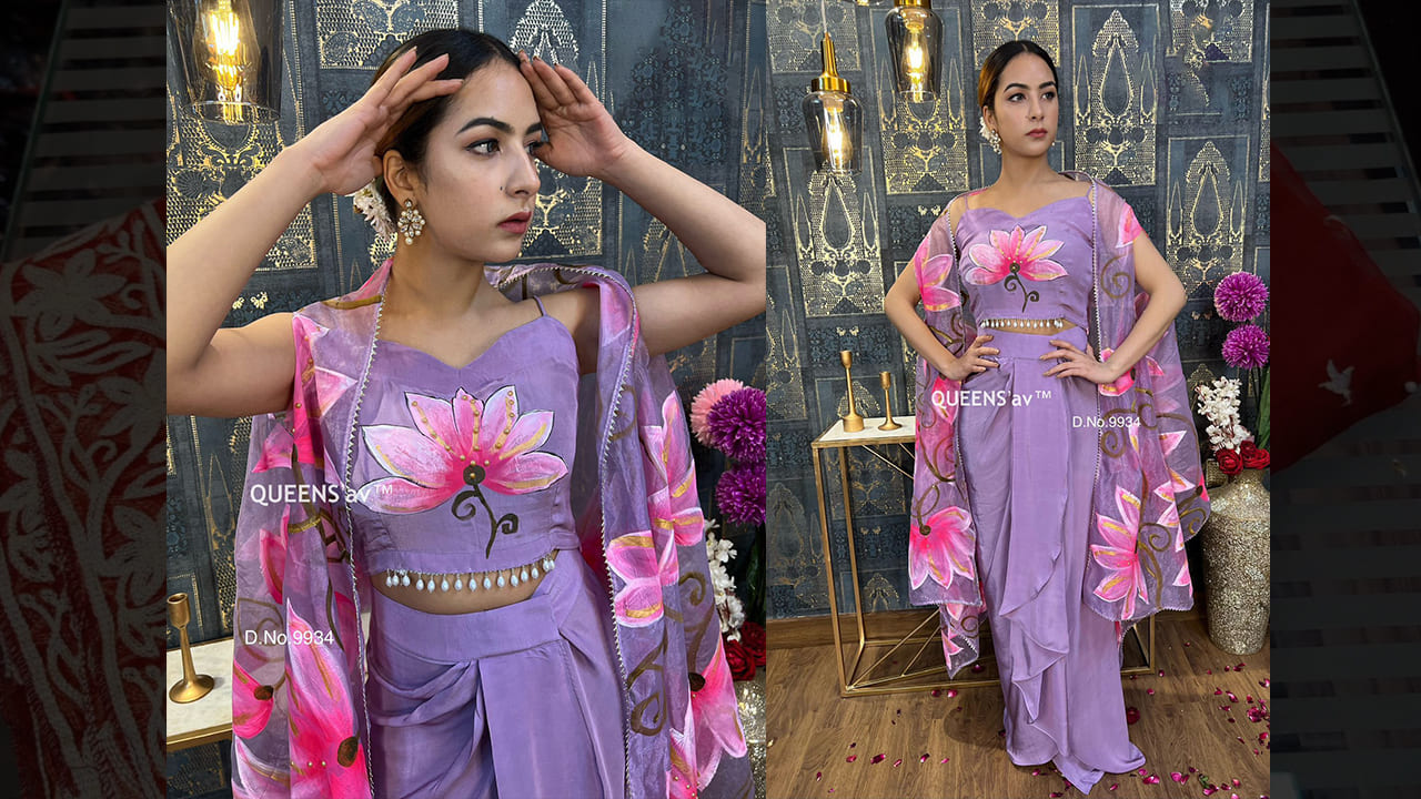 QUEENS'av Suits | Beautiful Hand Painted Cape Dress | Pure Crape Stitched Blouse | Hand Painted