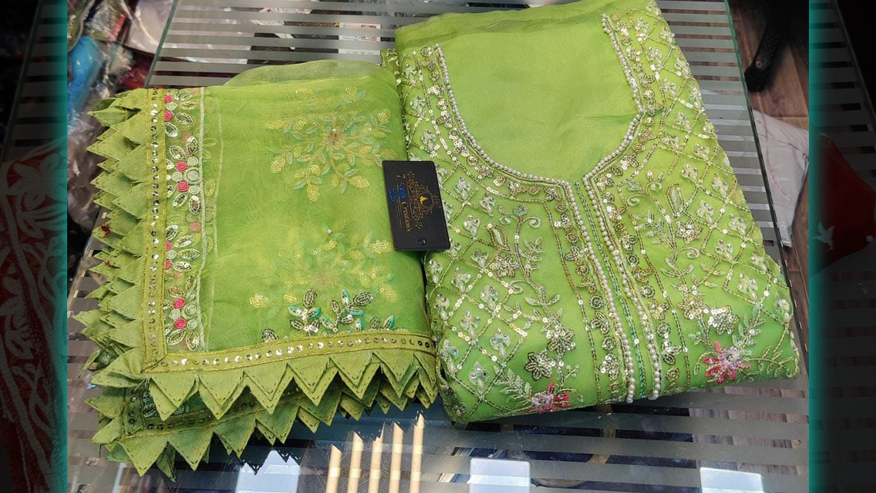 7Seas Creation's Suits | Organza Gorgeous Multi-Colored Embroidery, Sequins & Mottis Work