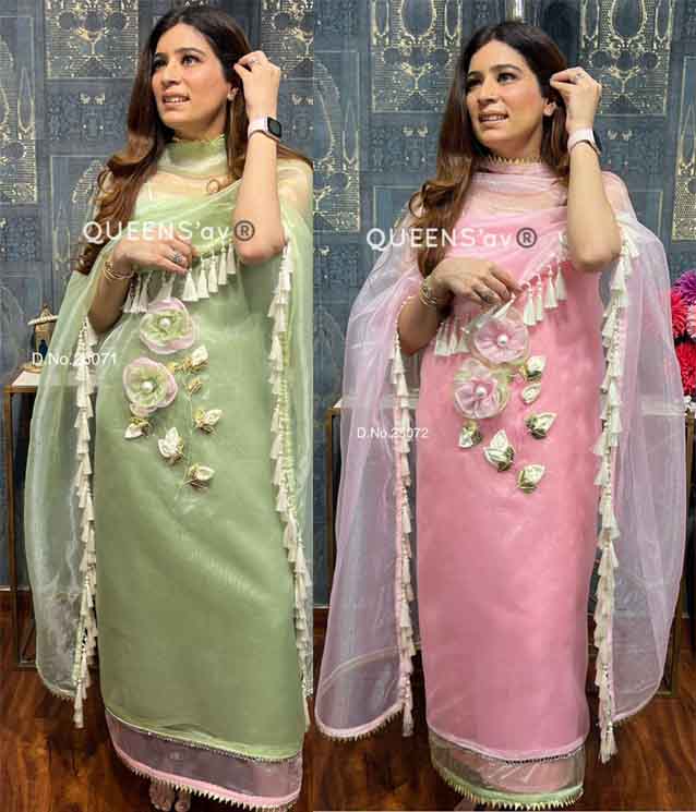 DIVINE MESSENGER | QUEENS'av®️ Latest Ladies Suits | pure shimmer organza shirt pearl  fringes work on duppatta