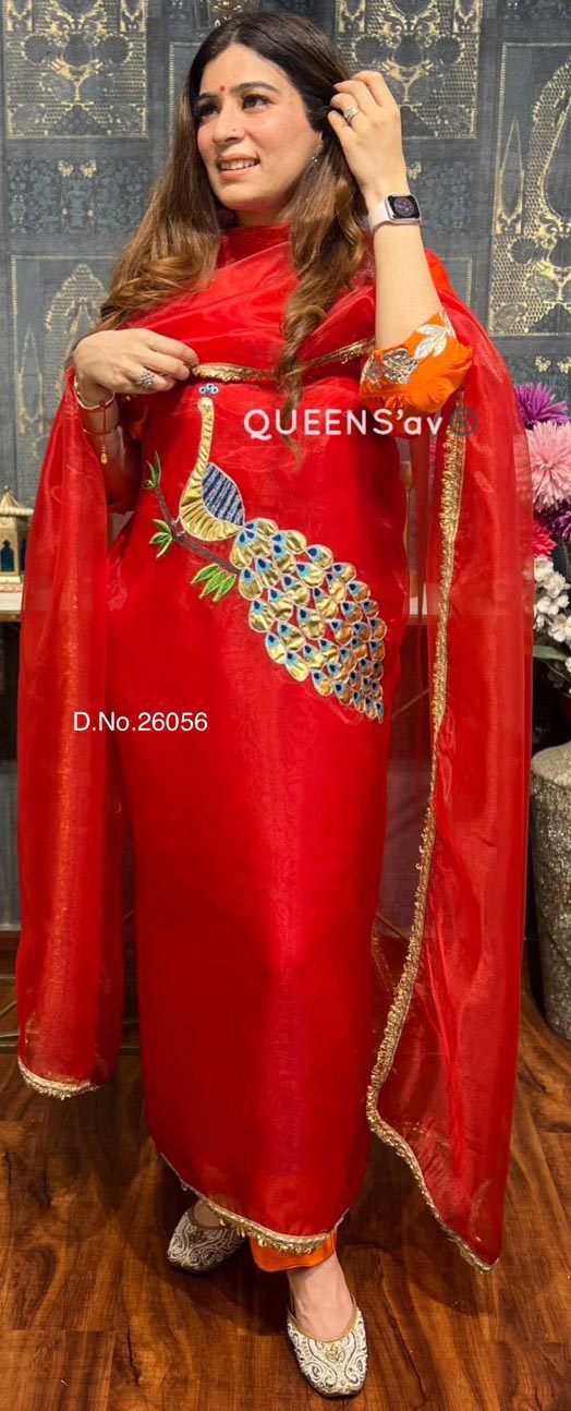 DIVINE MESSENGER | QUEENS'av®️ Ladies Suits | Pure shimmer organza shirt beautiful peacock made