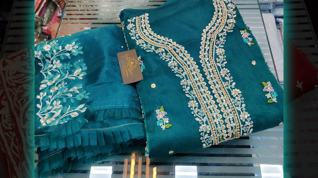7 Seas Creation's Suits | Organza & Heavy Multi-Colored Embroidery, Sequins, Mottis & Diamond Work