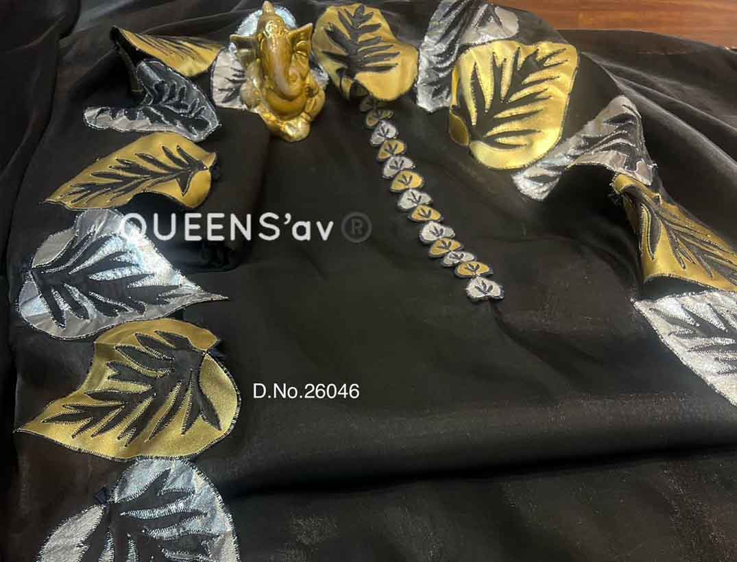QUEENS'av®️ | Pure shimmer organza shirt  Beautiful leather work leaves