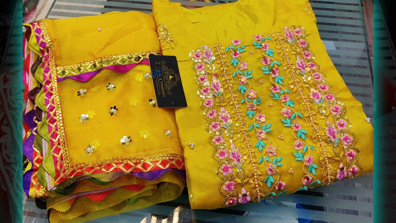 7Seas Creation's Top Suits | Stitched Organza Multi-Colored Embroidery, Sequins, Mottis Khatli Work