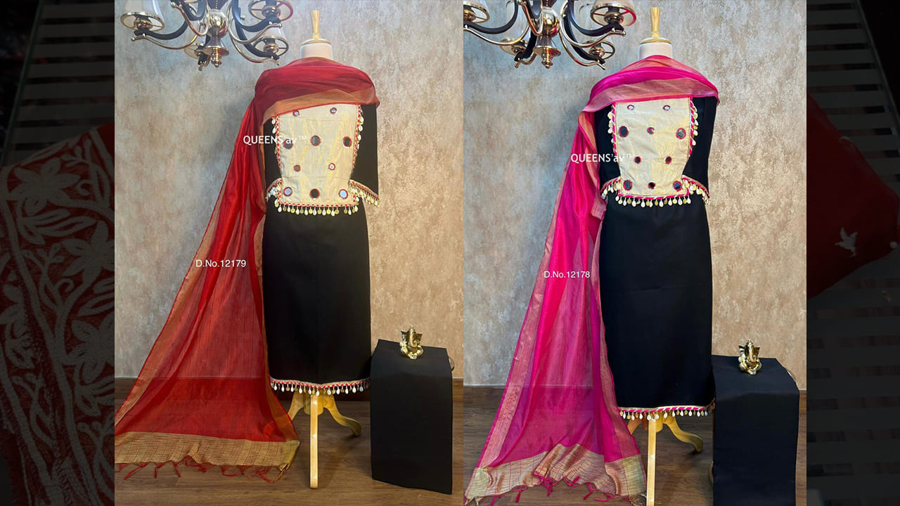 QUEENS'av Suits | Pure Mul Cotton Shirt | Real Mirror Work | Rich Gold Coin Shankh Hangings