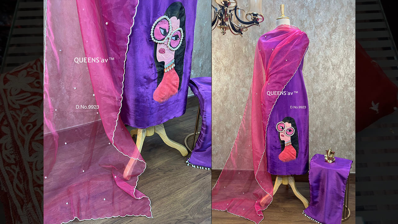 QUEENS'av Suits | Beautiful Pearl Hangings | Pure Organza Duppatta | Pearl Work | Beautifully Done