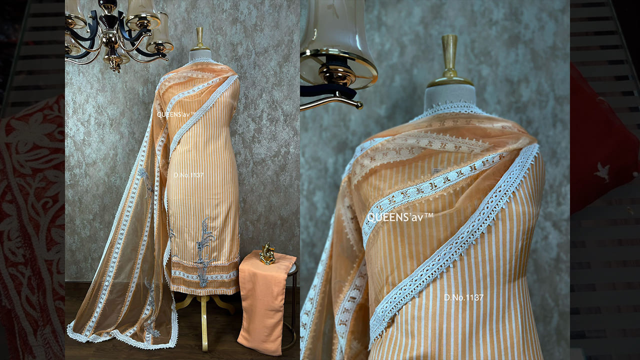QUEENS'av Suits | Pure Muslin Shirt | Stripes Shirt | Peach in Colour | Beautifully Zari Embroidered