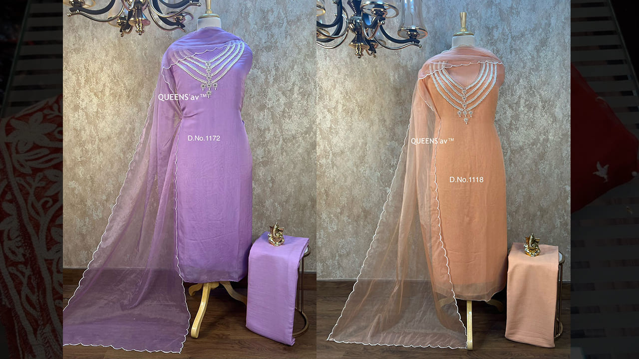 QUEENS'av Suits | Pure Tissue Organza Shirt | Beautifully Sequence Diamond Embroidered