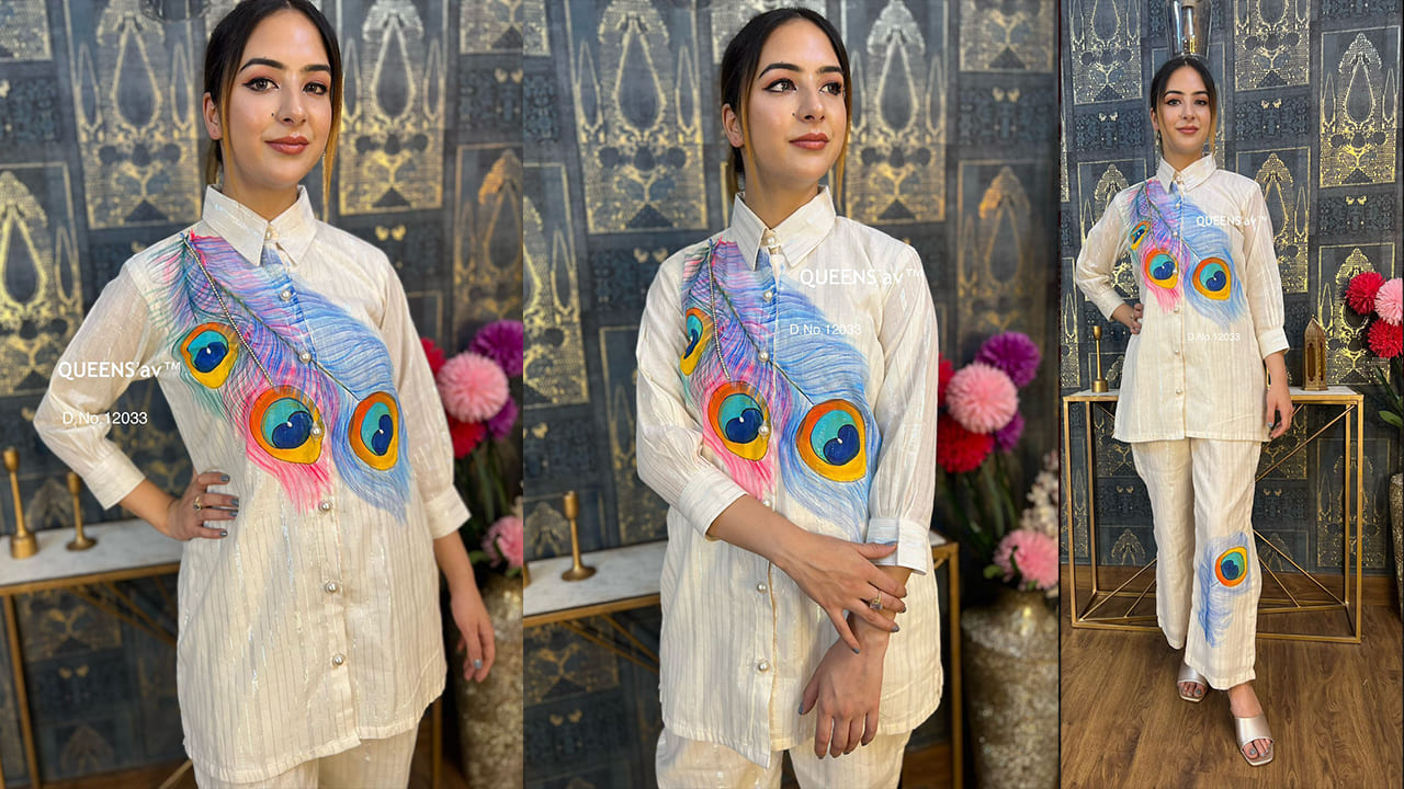 QUEENS'av Suits | Beautiful Super Hand Painted Coord Set | Mul Cotton Sobar Glittery Collared Shirt