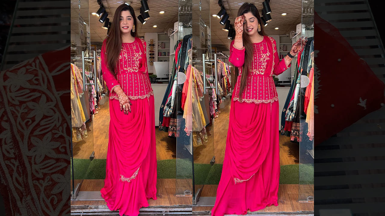 Divine Fab Latest Suits | Pure Chinnon Hot Pink Volouminous Maxi With Drape Attached