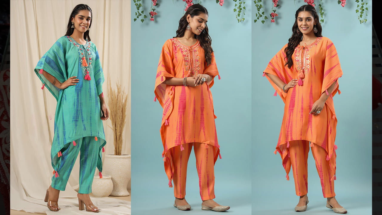 Divine Fab Latest Suits | Muslin Tie & Dye Stitched Kaftan Coord Set With Hand Embroidered