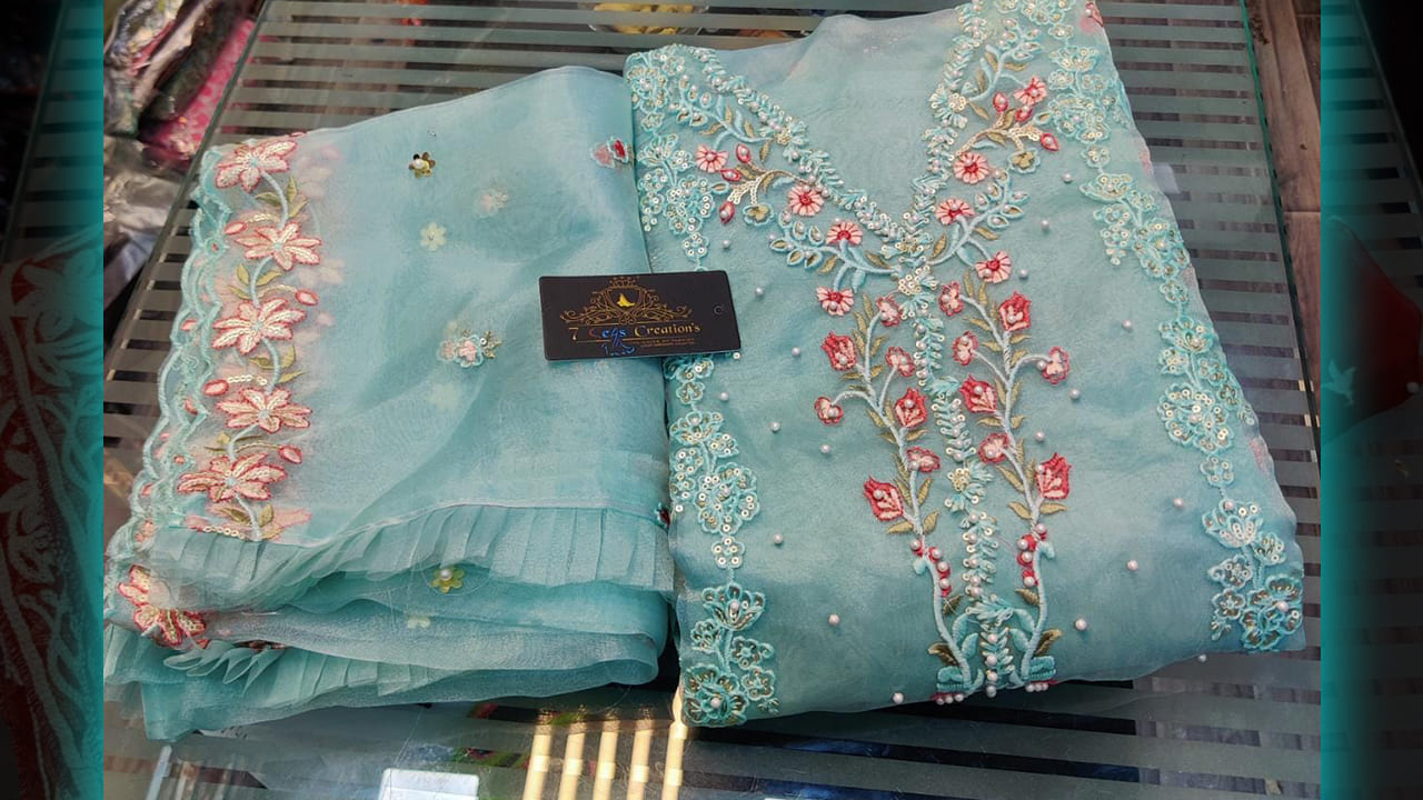 7Seas Suits | Organza With Gorgeous Multi-Colored Embroidery, 3D Sequins, & Mottis Work All Over