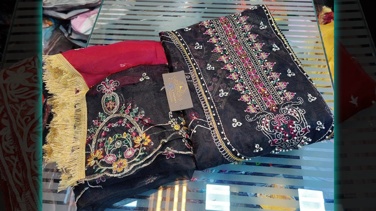 7 Seas Latest Suits | Organza Beautiful Multi-Colored Embroidery, Sequins & Mottis Work all Over Design