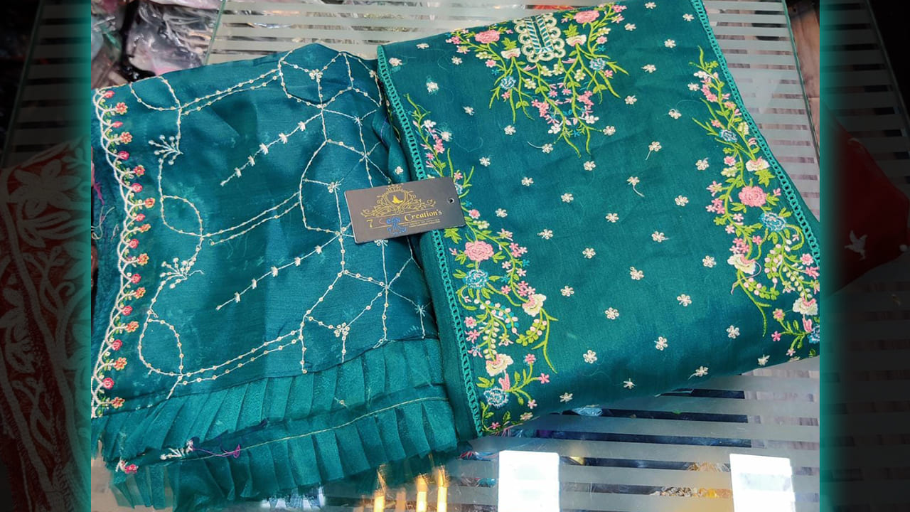 7 Seas | Heavy Organza Beautiful Multi-Colored Embroidery with sequins work All Over