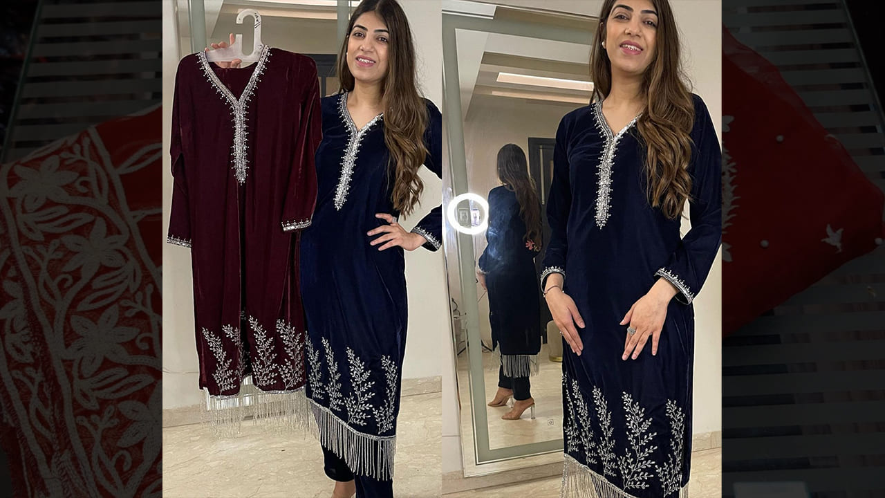 Divine Fab Latest Suits | Beautiful Micro Velvet Stitched Two Piece Set With Full Cutdana Embroidery
