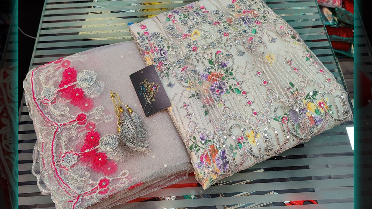 7 Seas Latest Suits | Super Net Gown Beautiful & Heavy Embroidery With sequin Work All Over