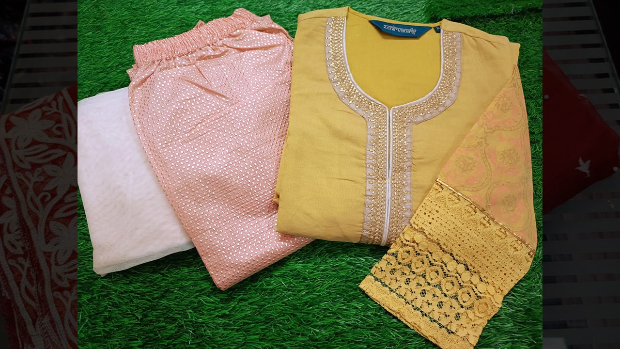 Divine Fab Latest Suits | Kurta + Pant + Dupatta | Embroidered Embossed gold work | Lace border