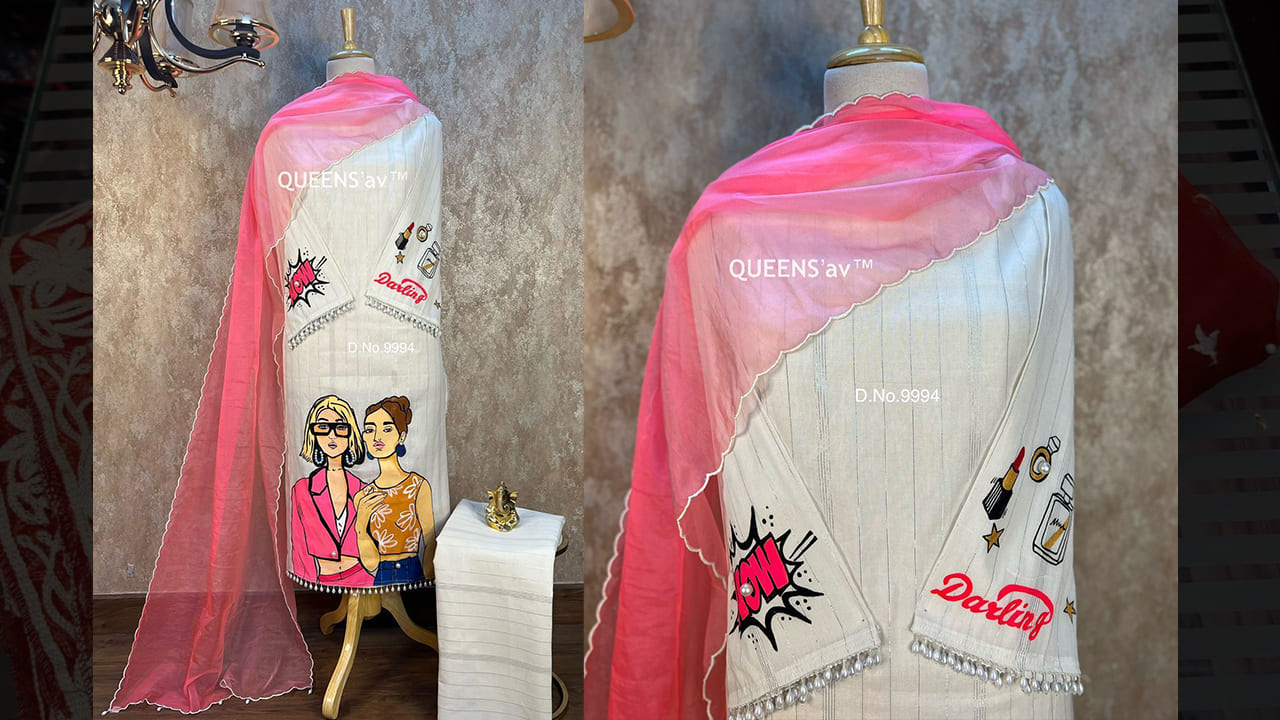 QUEENS'av Suits | Pure Mul Cotton Sobar Glittery Shirt | Beautifully Hand Painted | Pearl Hand Work