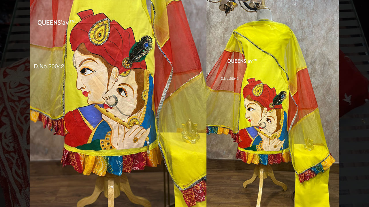 QUEENS'av Suits | Yellow in colour | Beautifully Hand Painted | Real Kundan Work | Diamond Work