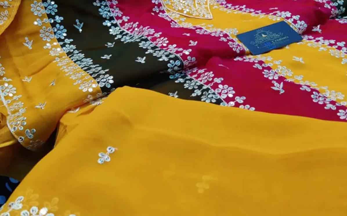 Yellow Georgette with beautiful embroidery heavy sequins Multi-colored stitching ladies suits-1